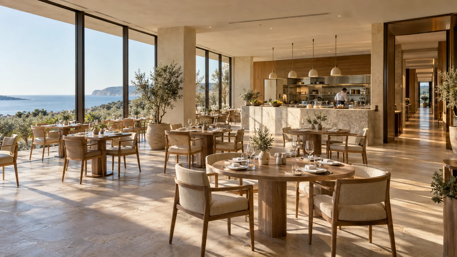 Architectural illustration of a hotel restaurant facing the sea